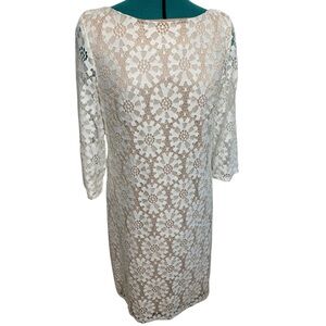 VINCE CAMUTO Lace Ivory Stretch Nude Liner 3/4 Sleeve Evening Formal Dress SZ 12